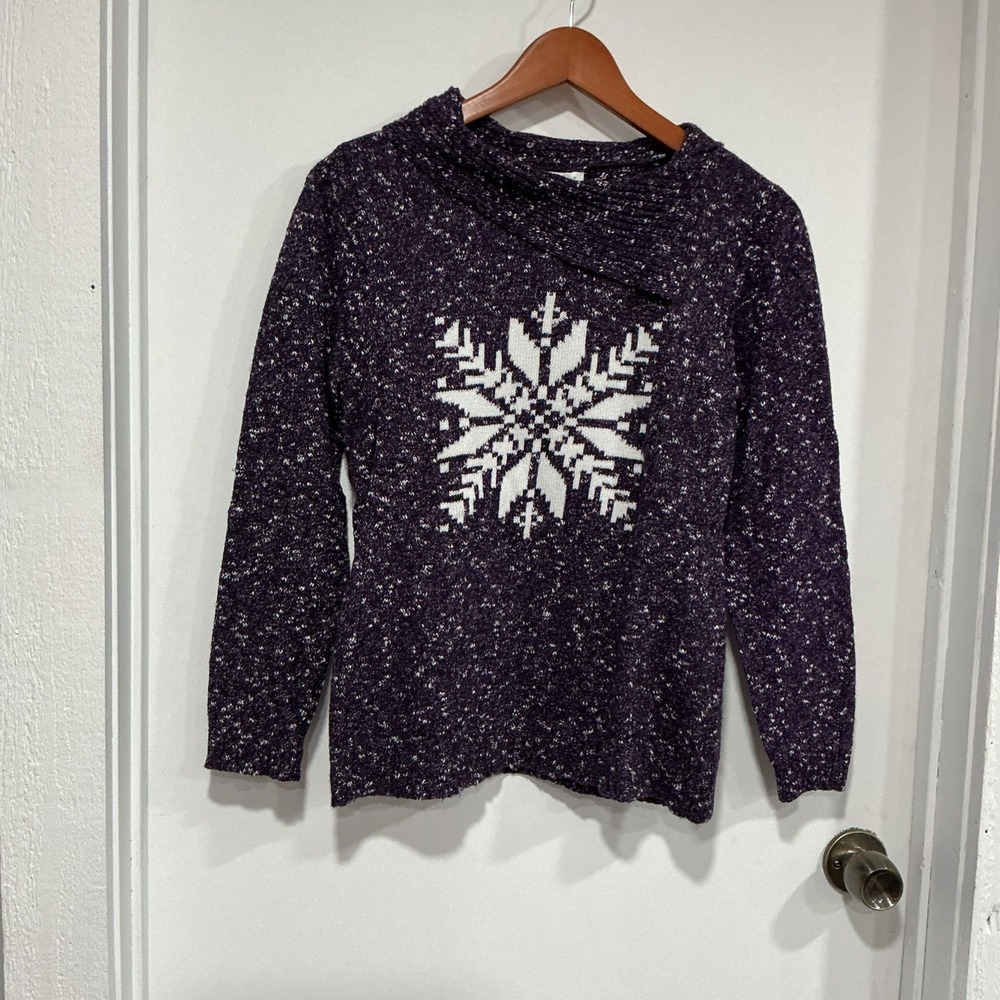 Christopher Banks Cowl Neck Sweater, Purple, Petite Small, Snowflake, Winter